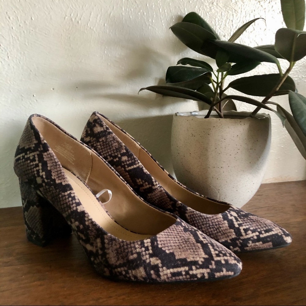 H&M Snakeskin Pointed Toe Block Heel Pumps